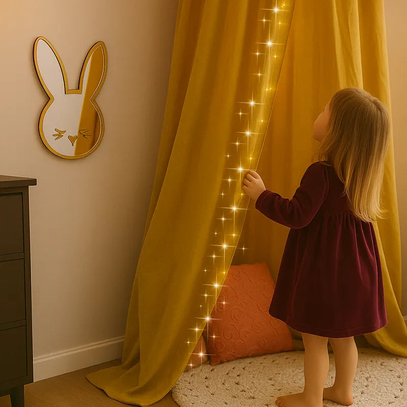 Fillette joue près d’un miroir lapin mural doré et rideaux lumineux.