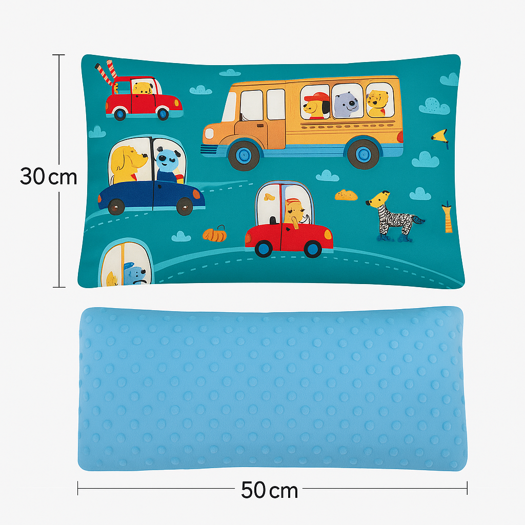 Oreiller bébé ergonomique 30x50 cm motif animaux bus