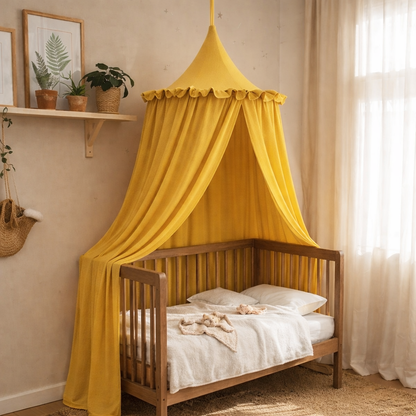 Ciel de lit bébé suspendu en mousseline de coton premium avec volants