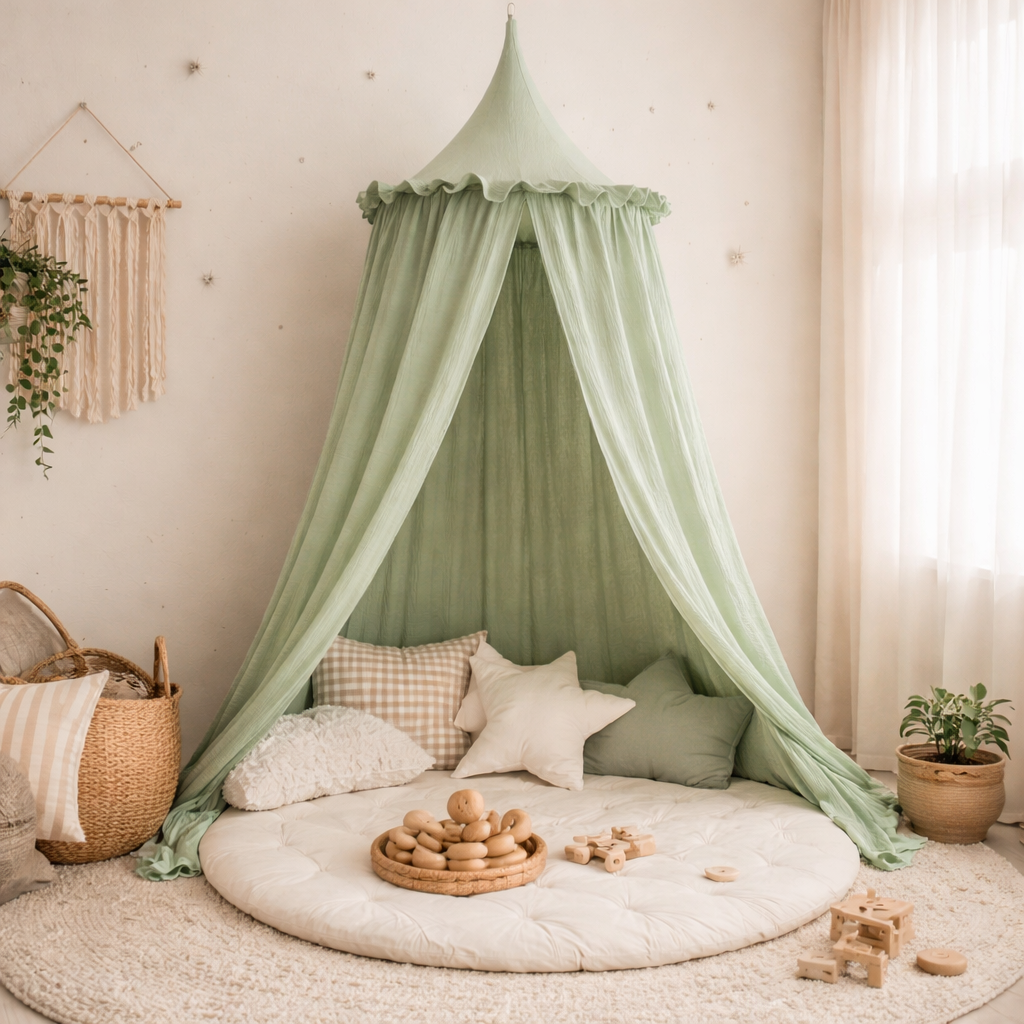 Ciel de lit bébé suspendu en mousseline de coton premium avec volants