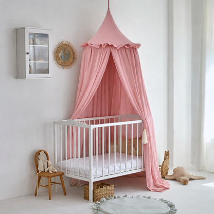 Ciel de lit bébé suspendu en mousseline de coton premium avec volants