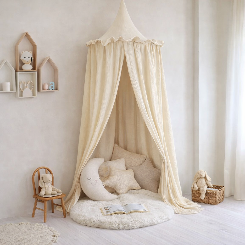 Ciel de lit bébé suspendu en mousseline de coton premium avec volants