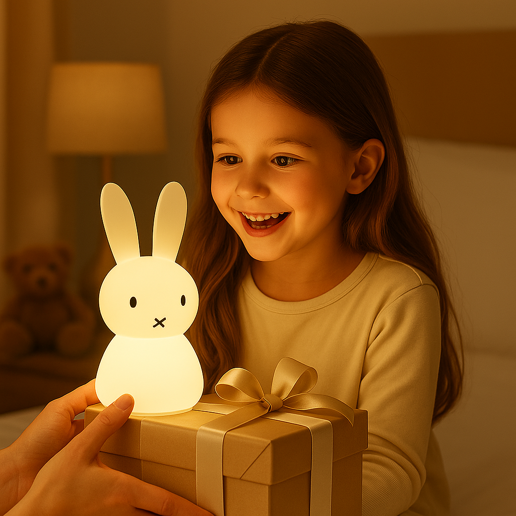 Petite fille recevant une veilleuse lapin en cadeau lumineux
