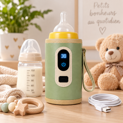 Chauffe-biberon portable USB vert avec affichage de température, biberon et accessoires pour bébé