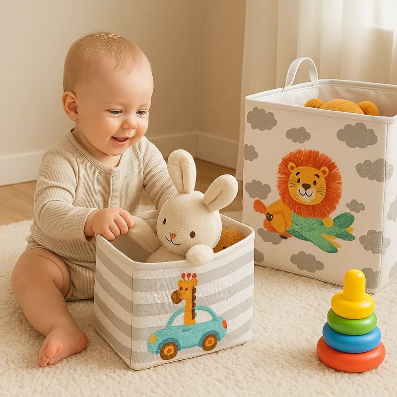 Bébé qui prend un jouet dans un panier de rangement
