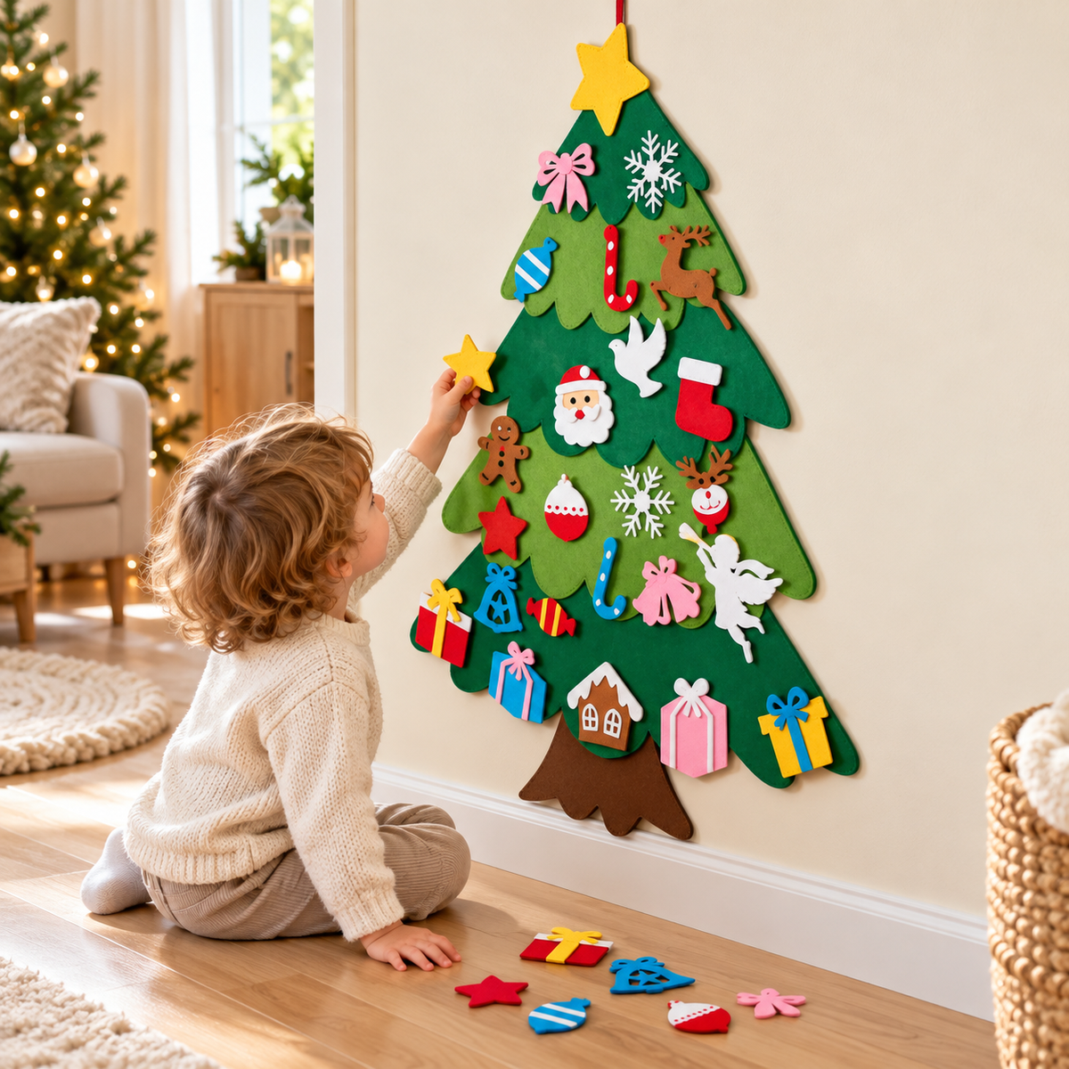 Jeune enfant plaçant une étoile jaune sur un sapin de Noël mural en feutre aux décorations colorées.