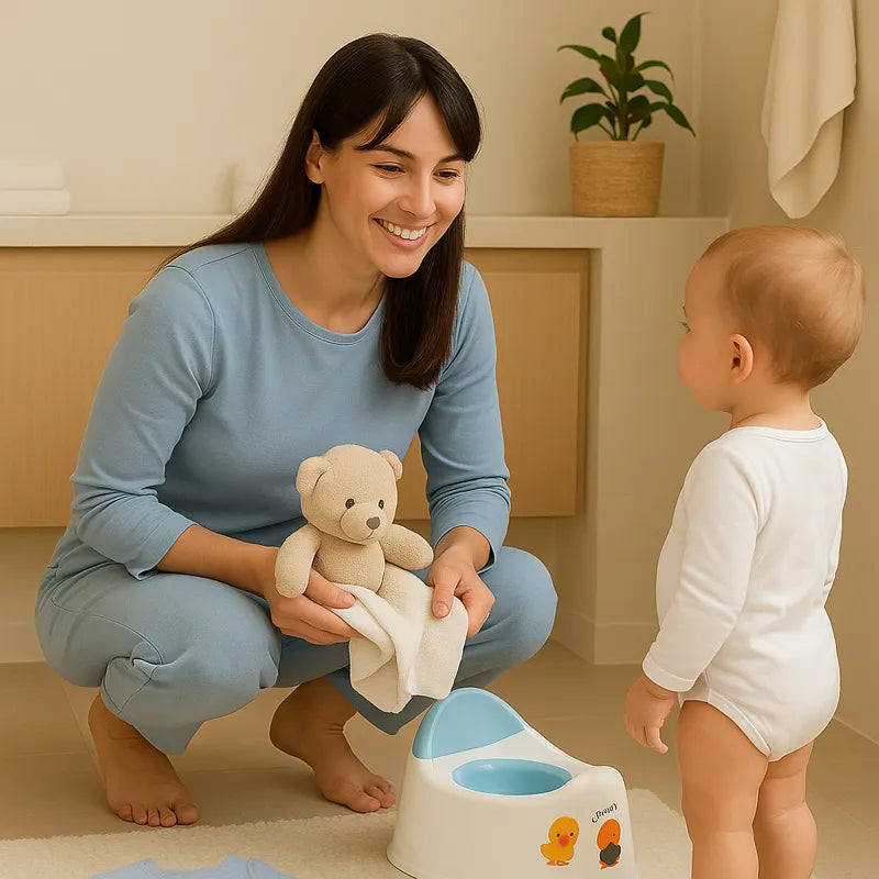 Maman apprend la propreté à son bébé avec pot toilette