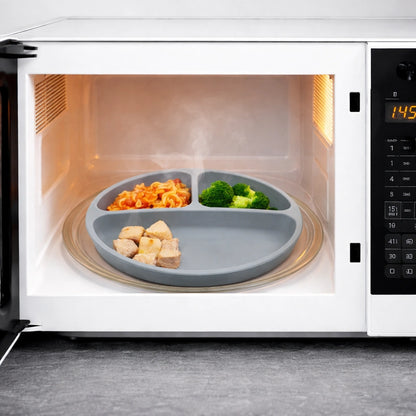 assiette bébé silicone compartimentée compatible micro-onde chauffage repas bébé sécurisé