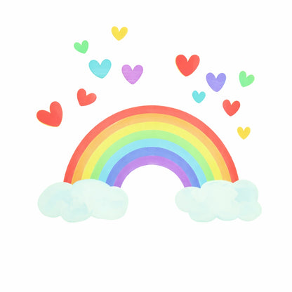 Autocollant mural arc-en-ciel avec coeurs colorés pour décoration chambre bébé ambiance douce et apaisante