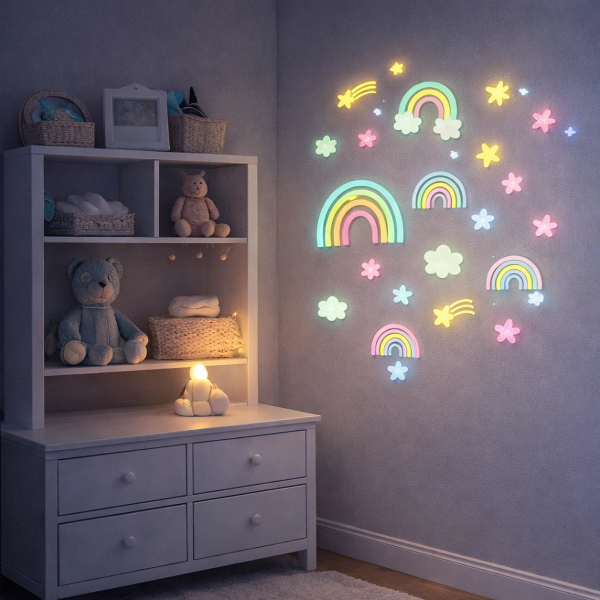 Autocollant mural arc en ciel et étoiles pour chambre bébé posé sur mur clair à côté d’un meuble