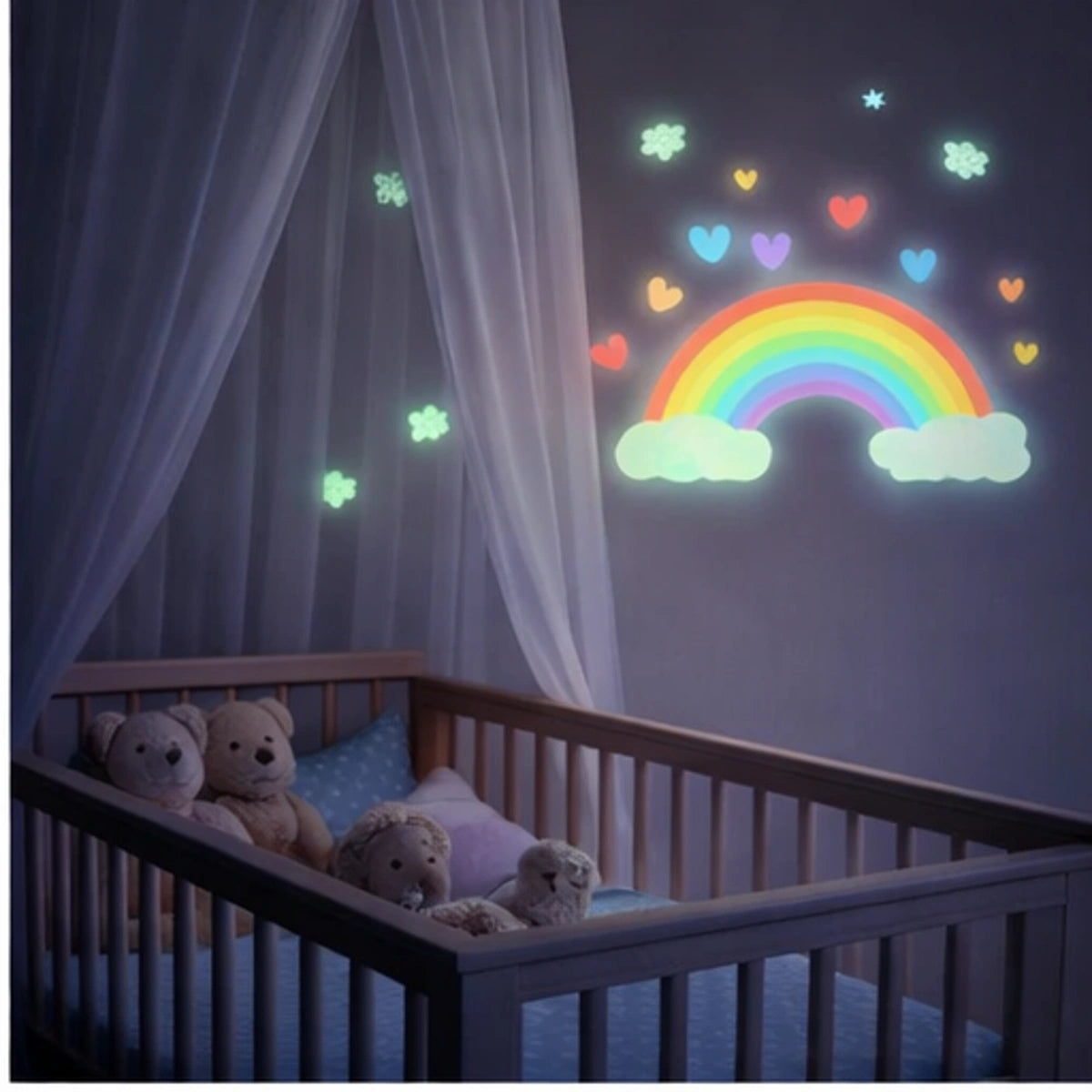 sticker mural arc-en-ciel lumineux au-dessus lit bébé