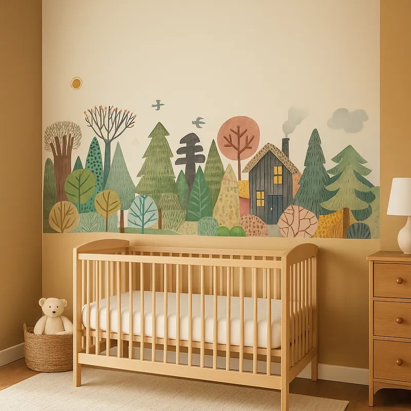 Autocollant foret cabane et lit bébé