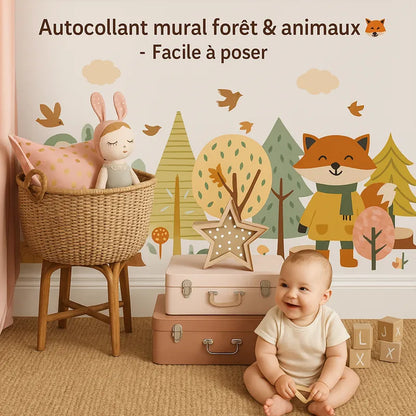 Autocollant mural forêt et animaux et bébé