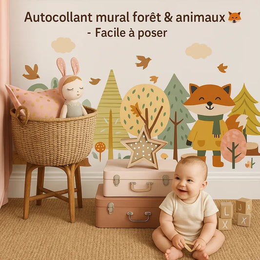 Autocollant mural forêt et animaux et bébé