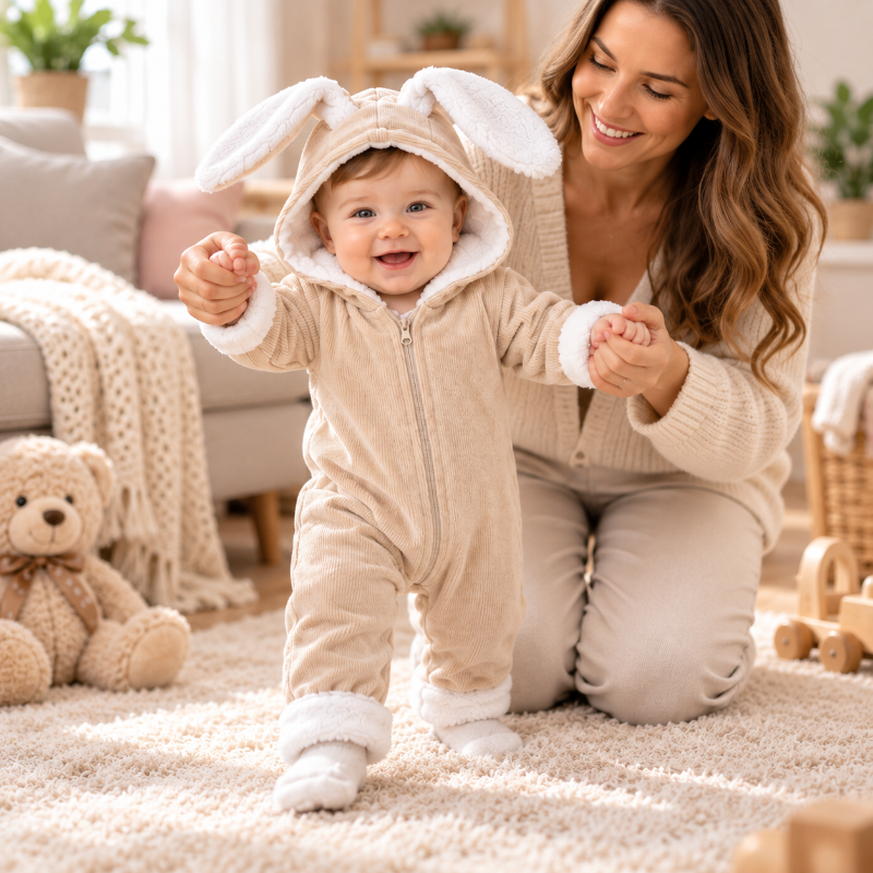 Bébé faisant ses premiers pas avec maman dans une barboteuse beige chaude à capuche