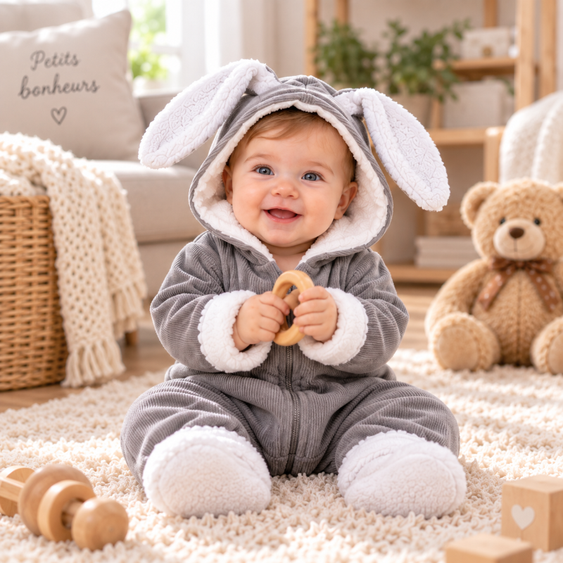 Bébé souriant portant une barboteuse grise doublée avec capuche à oreilles de lapin