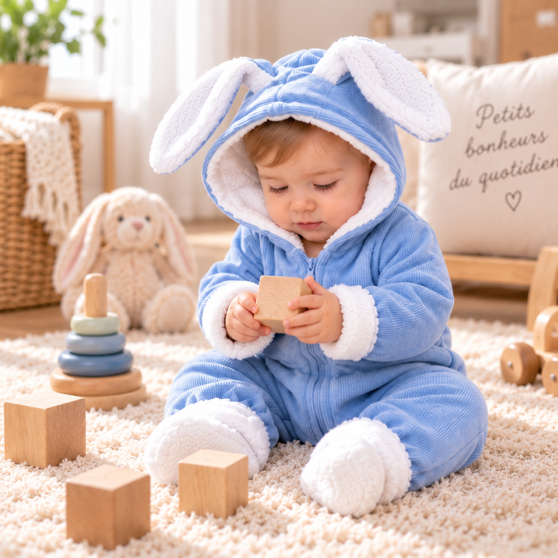 Bébé assis portant une barboteuse bleue chaude avec capuche à oreilles de lapin