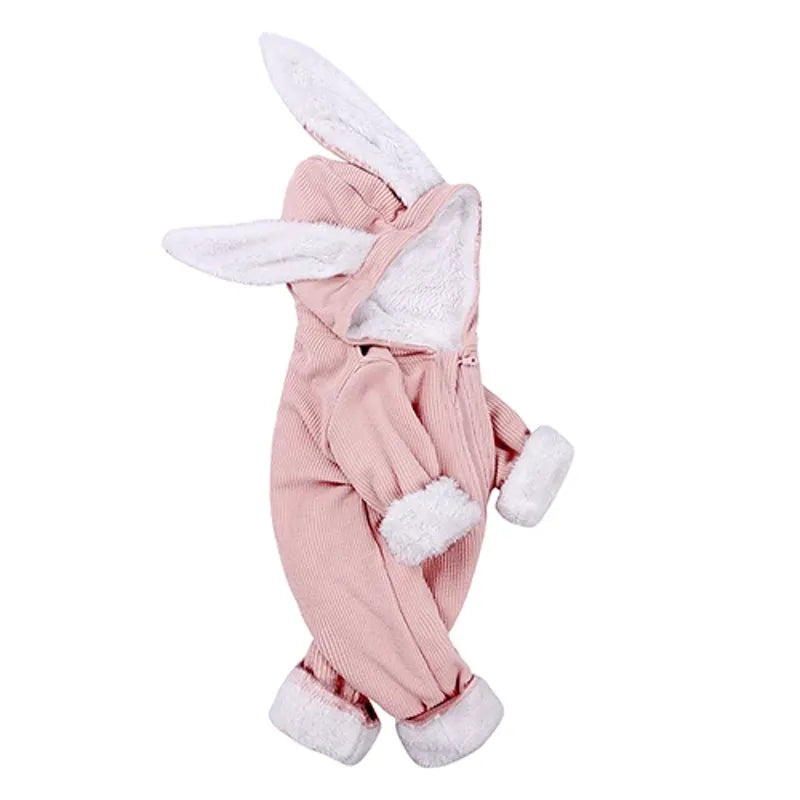 Barboteuse bébé hiver rose avec capuche oreilles de lapin en velours côtelé