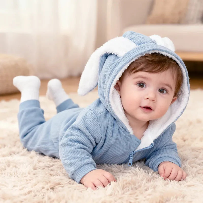 "Bébé garçon portant une barboteuse hiver bleue avec capuche oreilles de lapin 3D"