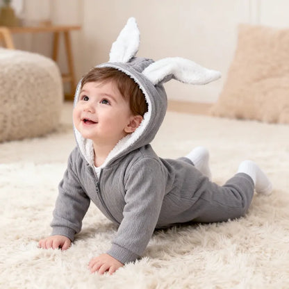 Bébé rampant en barboteuse grise chaude avec capuche et oreilles de lapin 3D"