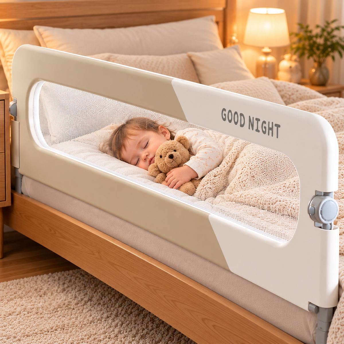 Bébé endormi avec son ourson dans un lit équipé d’une barrière beige à filet.