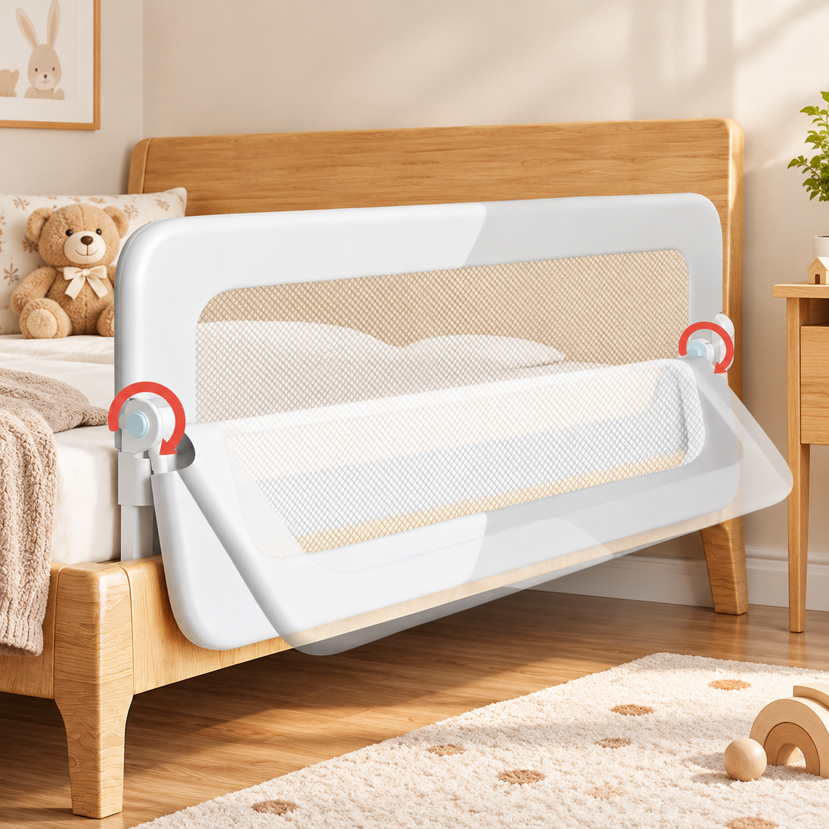 Barrière de lit blanche rabattable avec mécanisme articulé dans une chambre d’enfant.