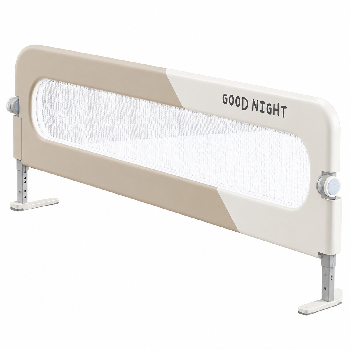 Barrière de lit bébé beige et blanche réglable avec filet respirant sur fond blanc.