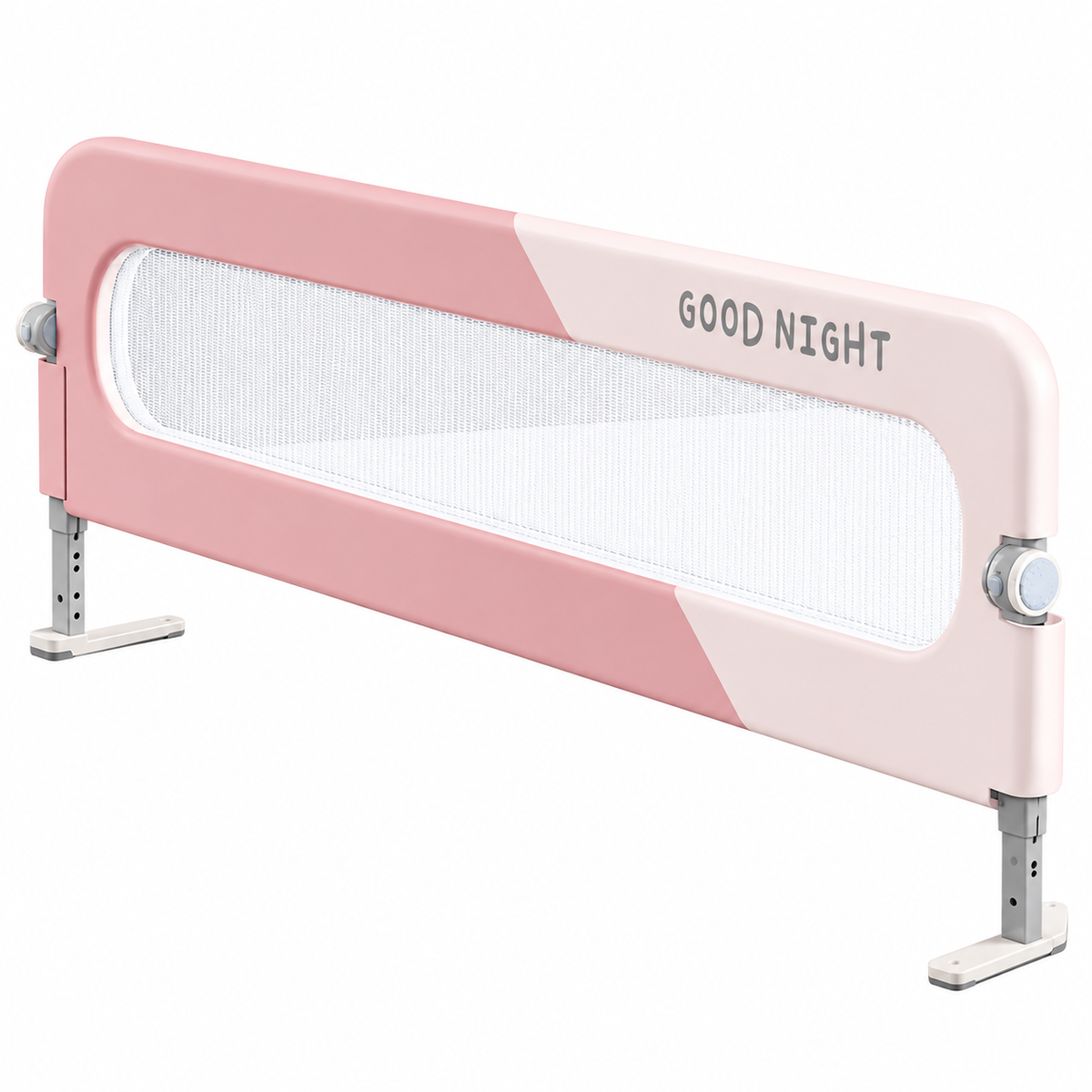 Barrière de lit bébé rose et blanche réglable avec filet en maille sur fond blanc.