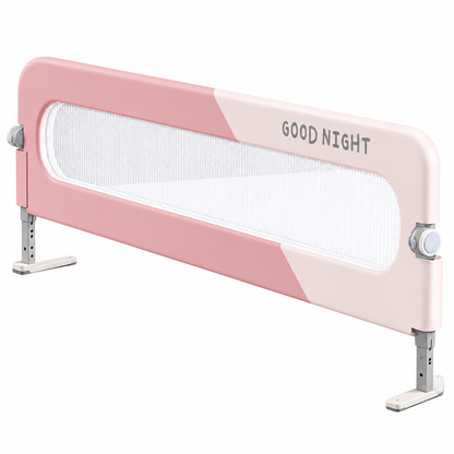 Barrière de lit bébé rose et blanche réglable avec filet en maille sur fond blanc.
