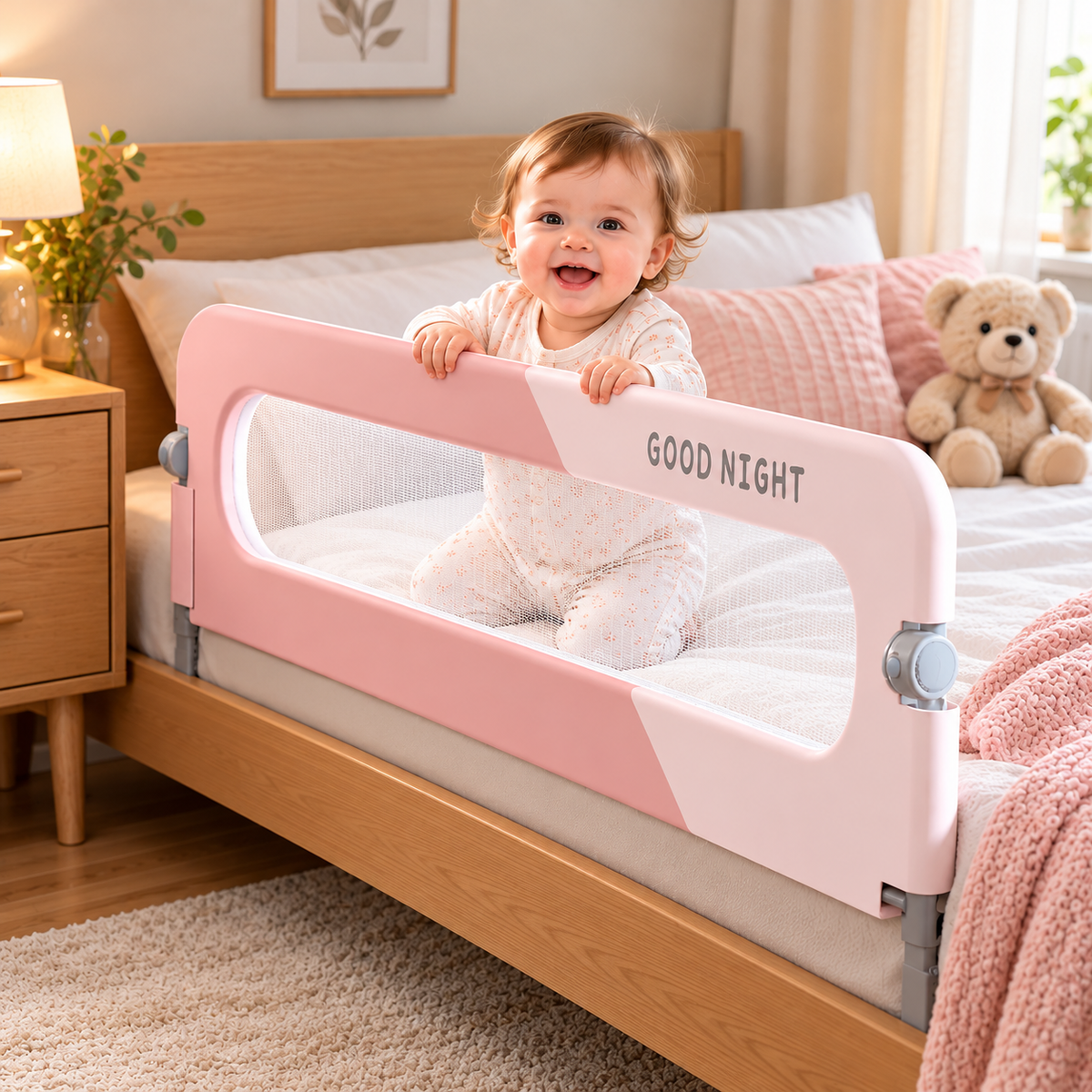 Bébé souriant derrière une barrière de lit rose avec filet blanc dans une chambre chaleureuse.