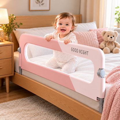 Bébé souriant derrière une barrière de lit rose avec filet blanc dans une chambre chaleureuse.
