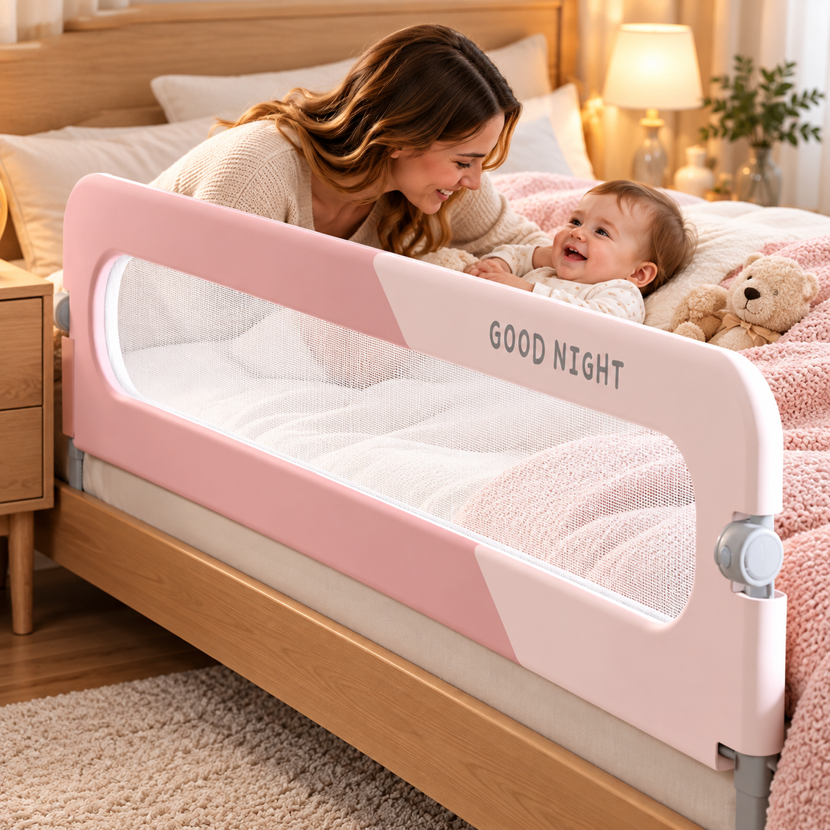 Maman partageant un moment tendre avec son bébé dans un lit équipé d’une barrière rose.