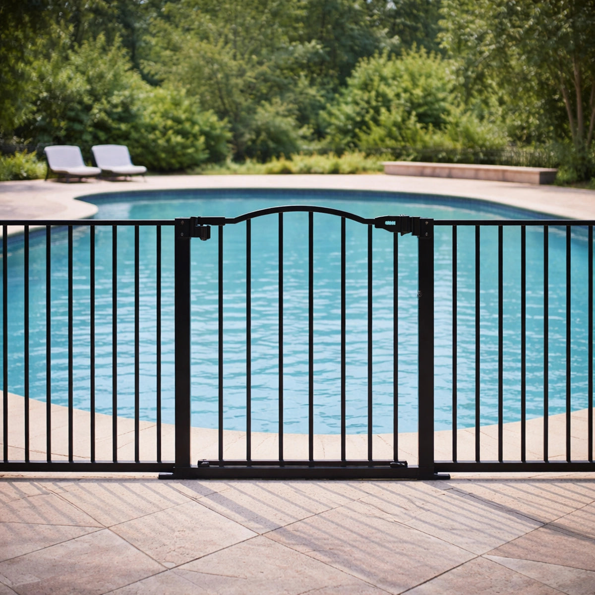 Barrière de sécurité pour piscine noire avec porte sécurisée et système de verrouillage