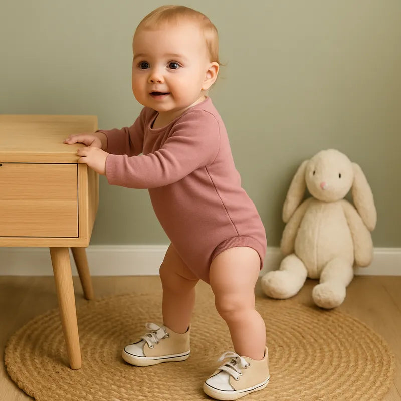 Bébé debout baskets beige sur tapis rond