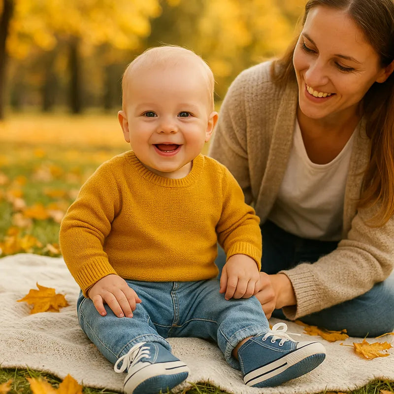 Bébé assis près de maman avec baskets bleues sur tapis clair