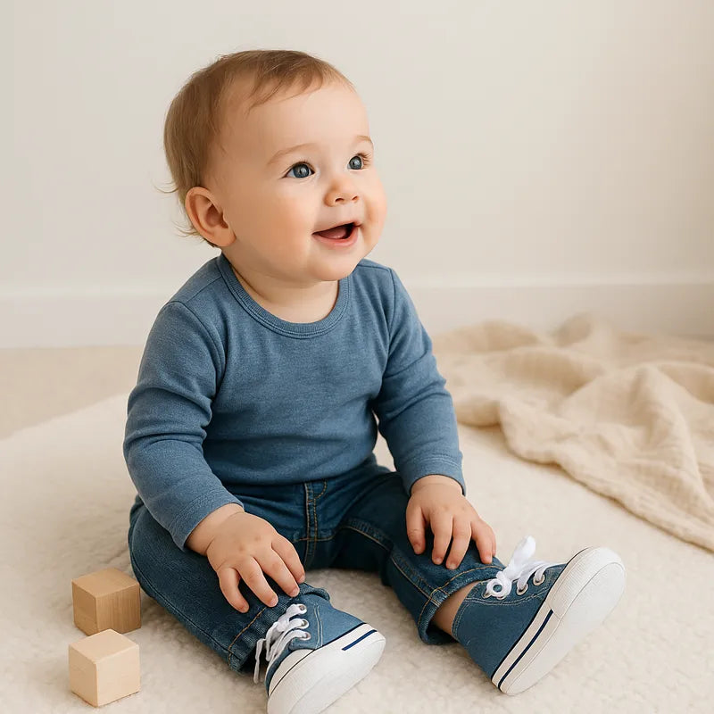Bébé assis au parc avec baskets bleues