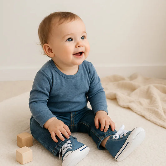 Bébé assis au parc avec baskets bleues