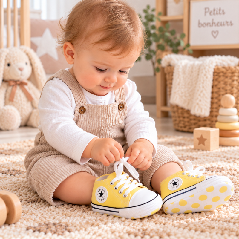 Bébé assis portant des baskets jaunes souples à lacets