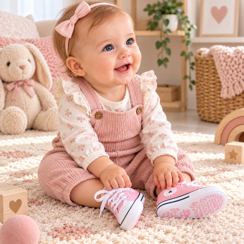 Bébé fille assise portant des baskets roses souples pour les premiers pas