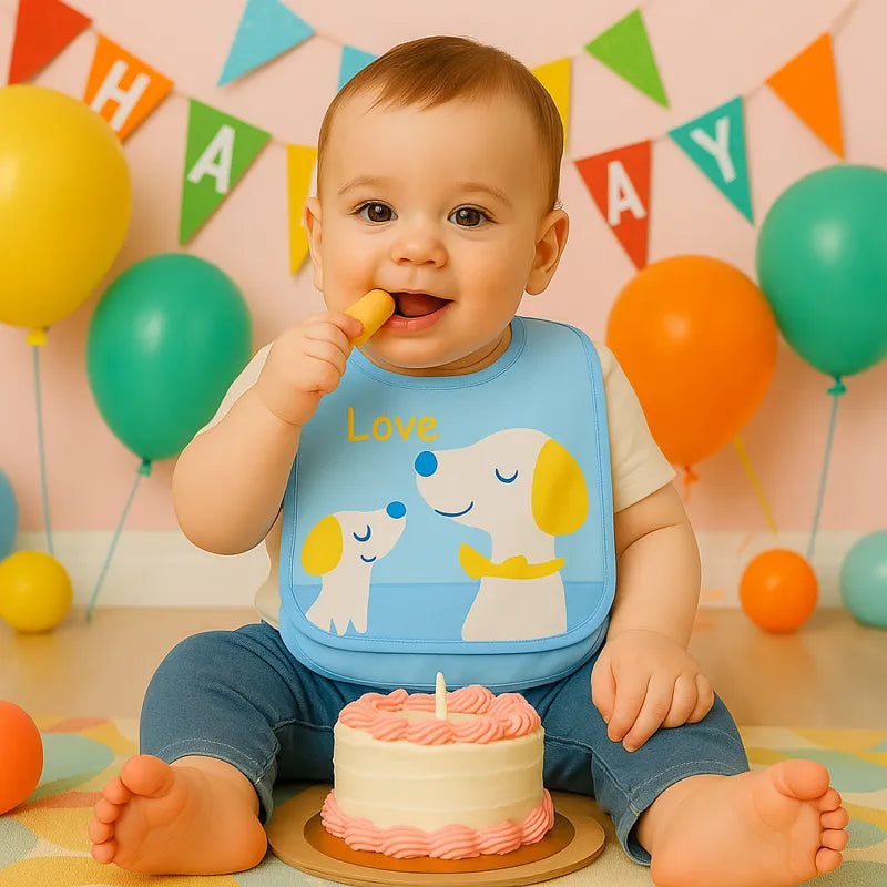 Bavoir bébé bleu chiens fête anniversaire gâteau