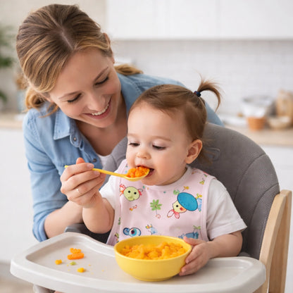 bébé mange avec maman portant bavoir bébé imperméable rose repas chaise haute alimentation autonome