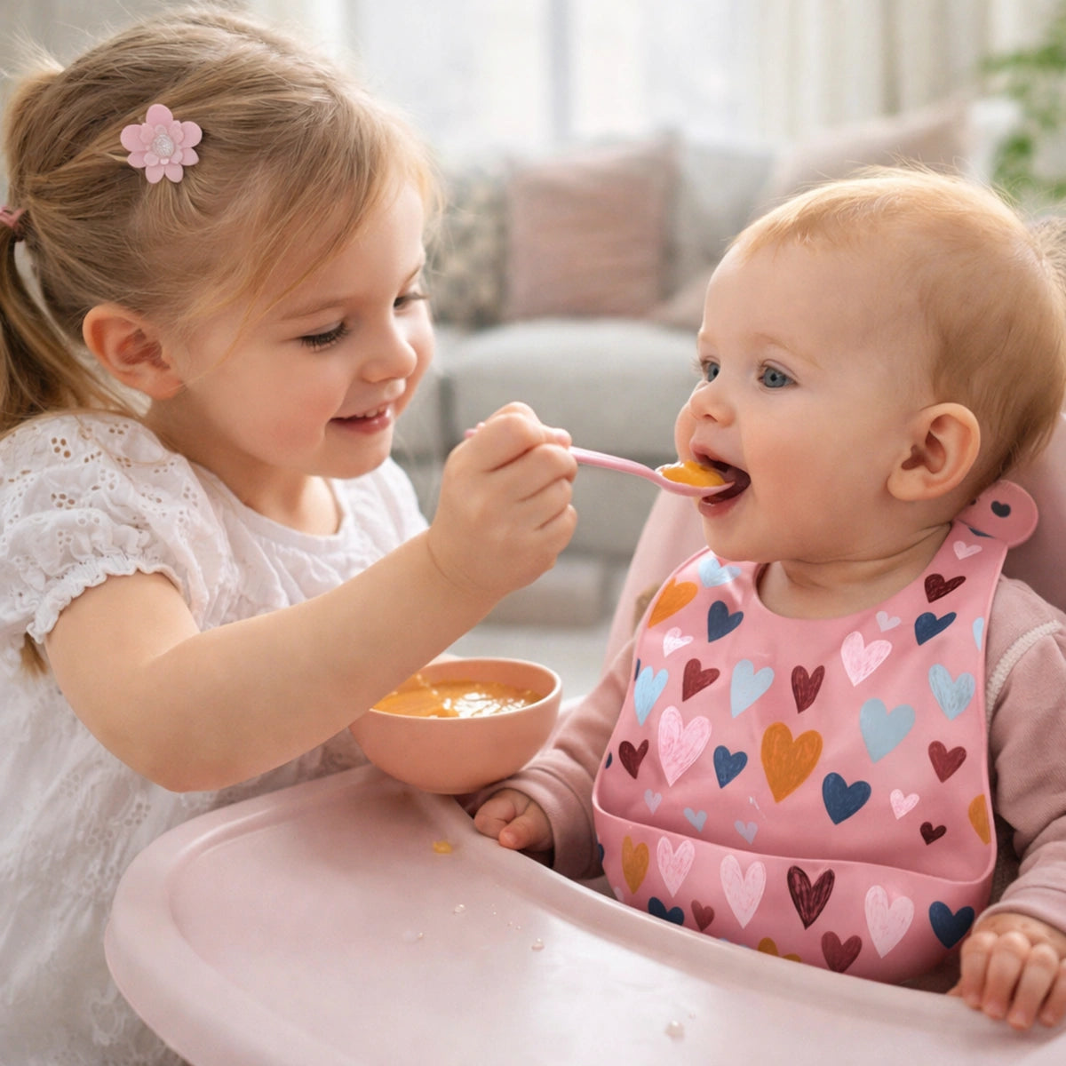 bavoir bébé silicone rose motifs cœur repas bébé chaise haute alimentation autonome enfant