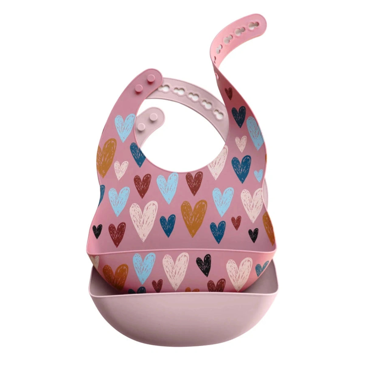 Bavoir bébé silicone rose imperméable avec coeurs multicolores et récupérateur pour repas