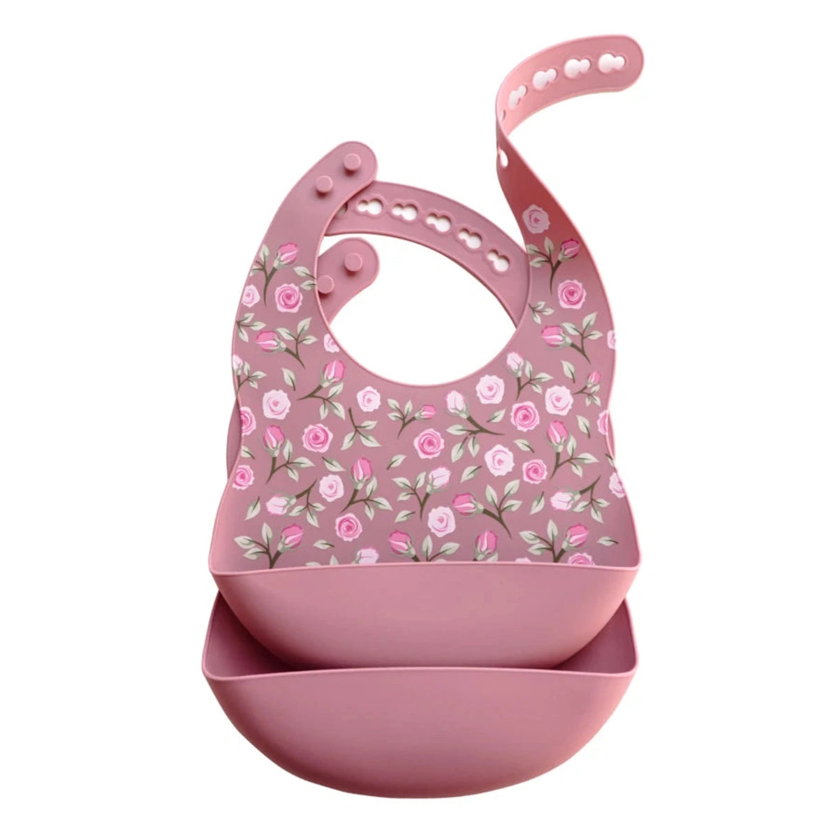 Bavoir bébé silicone rose motif fleurs imperméable avec poche récupératrice pour repas