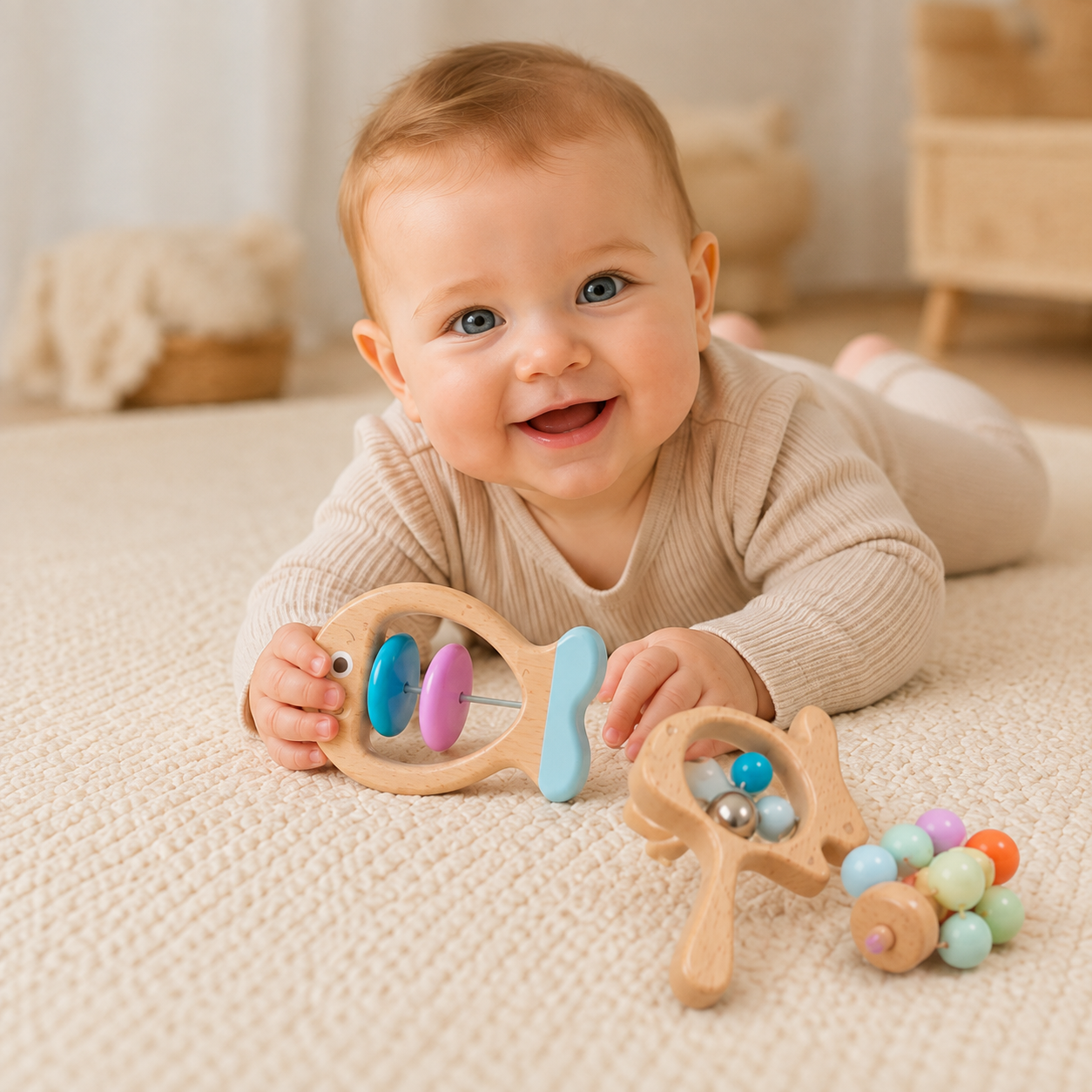 Bébé allongé tenant un hochet en bois Montessori conçu pour stimuler l'éveil, la coordination et les sens