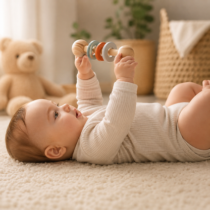 Bébé allongé sur le dos jouant avec un hochet en bois naturel, un jouet d'éveil idéal
