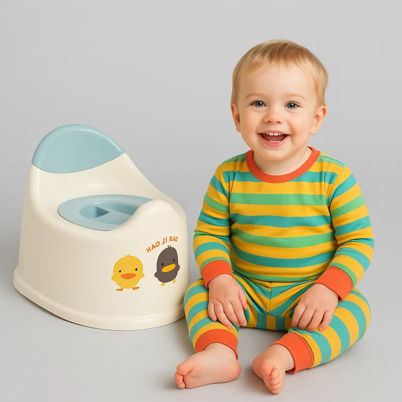 Bébé souriant assis à côté de son pot toilette