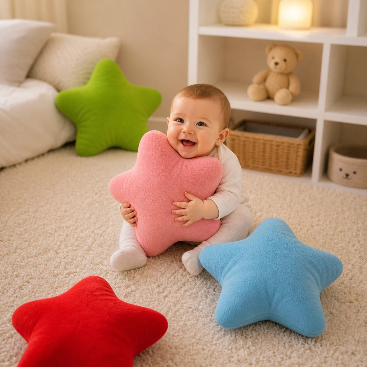 Bébé souriant avec coussin étoile rose coussin bébé doux et confortable chambre enfant
