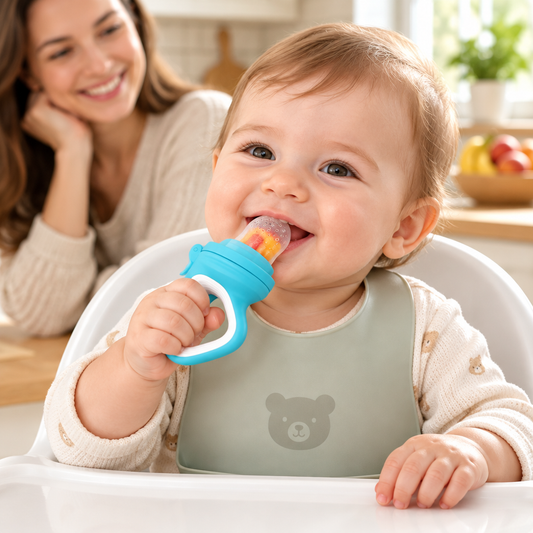 Bébé assis dans une chaise haute utilisant une mangeoire à fruits bleue, avec un adulte à proximité dans une cuisine lumineuse.
