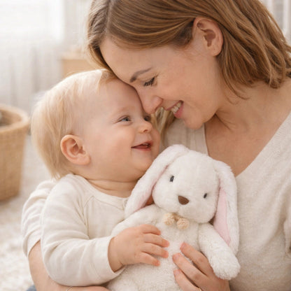 Maman et bébé interaction tendre avec peluche lapin blanche douce, doudou bébé sécurisant style nordique
